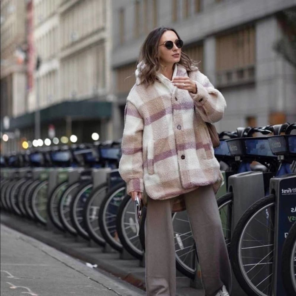 H&M Plaid Pastel Colors Faux Shearling Jacket Lined Warm - Picture 12 of 14